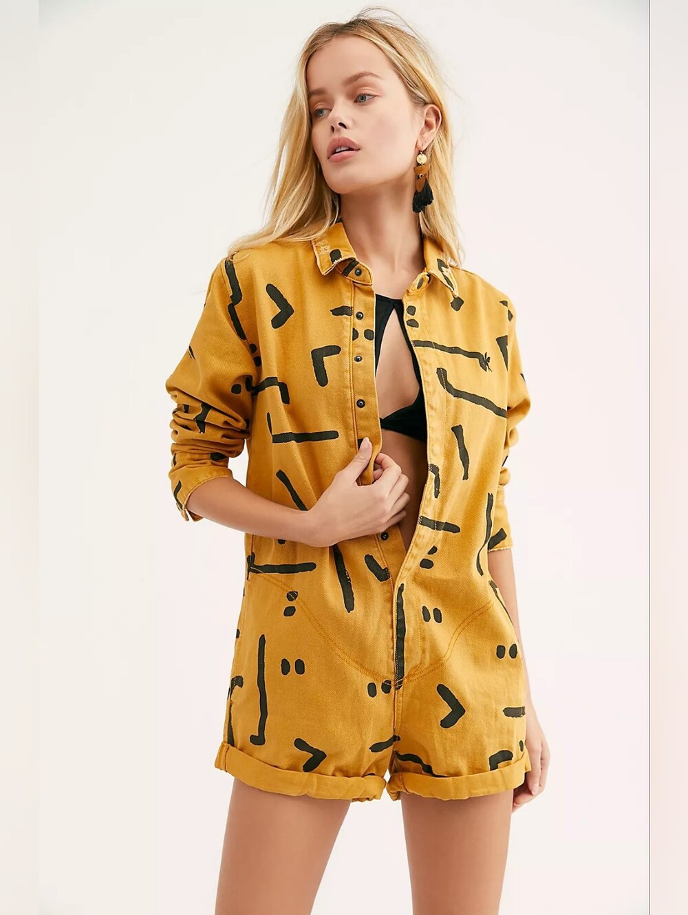 One Teaspoon Warrior Bandit Romper Playsuit Yellow Abstract Denim Size XS Boho